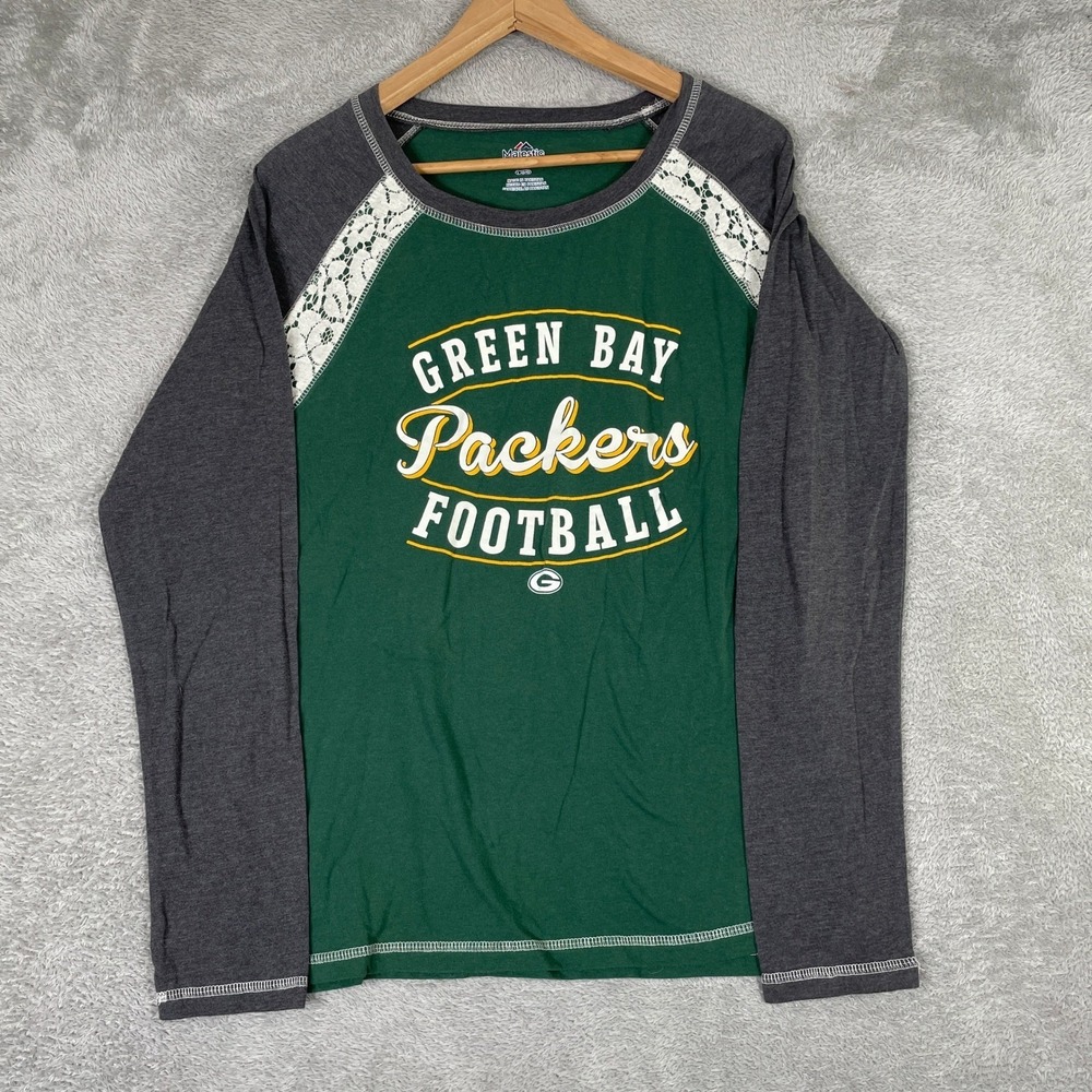 Majestic Green Bay Packers Shirt Womens Large Green Lace Raglan Football Tee
